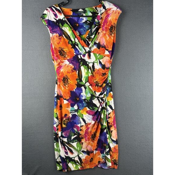 Ralph Lauren Colorful Floral Faux Wrap Ruched Stretch Sleeveless Dress Size 6 - Picture 1 of 8